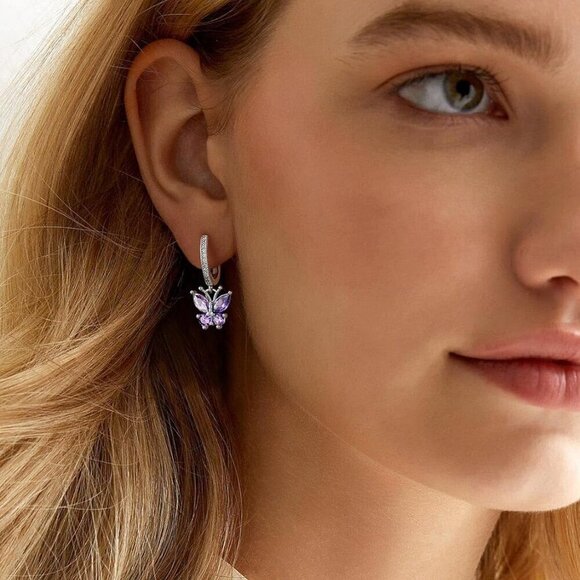 Sterling Silver Butterfly Earrings with Amethyst Dangles Youthful Gift for Women - Picture 2 of 9